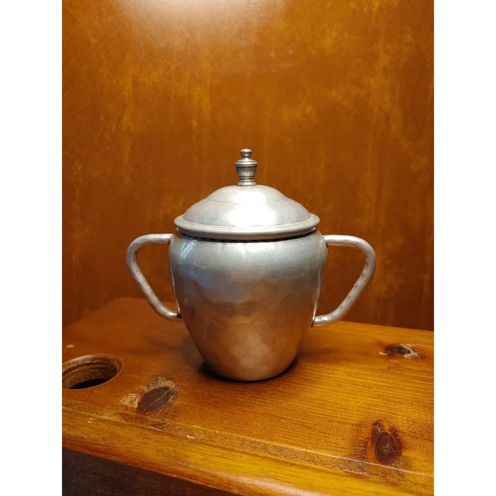 Vintage Mid Century Hammered Aluminum Sugar Bowl & Lid with Knob Handle Unique